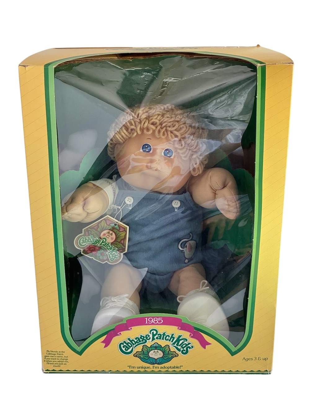 1985 Cabbage Patch Kids Doll, Blonde Hair Blue Eyes Boy W/ Box + Birth Cert